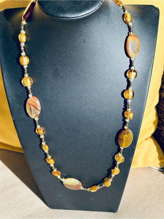 Murano Jewelry - Murano Gold Foil Glass Beads with Agates Necklace 24"